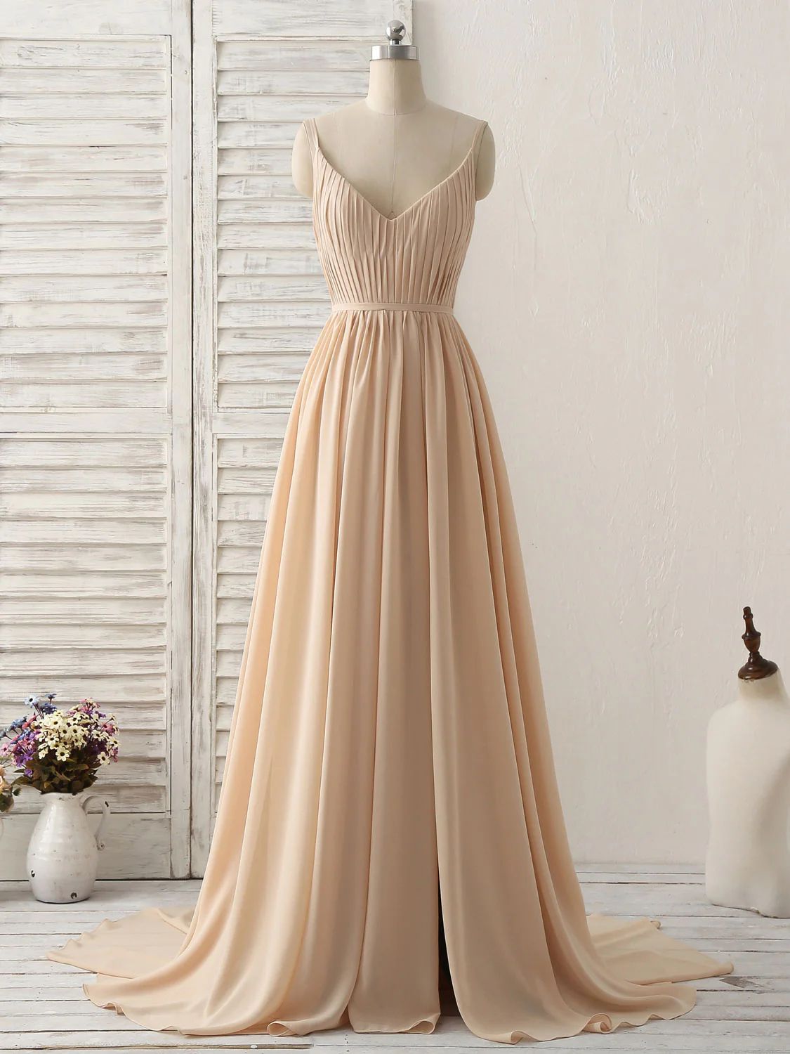 Simple Champagne Long Prom Dresses V Neck Chiffon Bridesmaid Dress - Deanwangkt