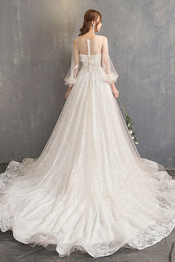Unique Tulle Lace Long Wedding Dress, Tulle Lace Bridal Dress - Deanwangkt