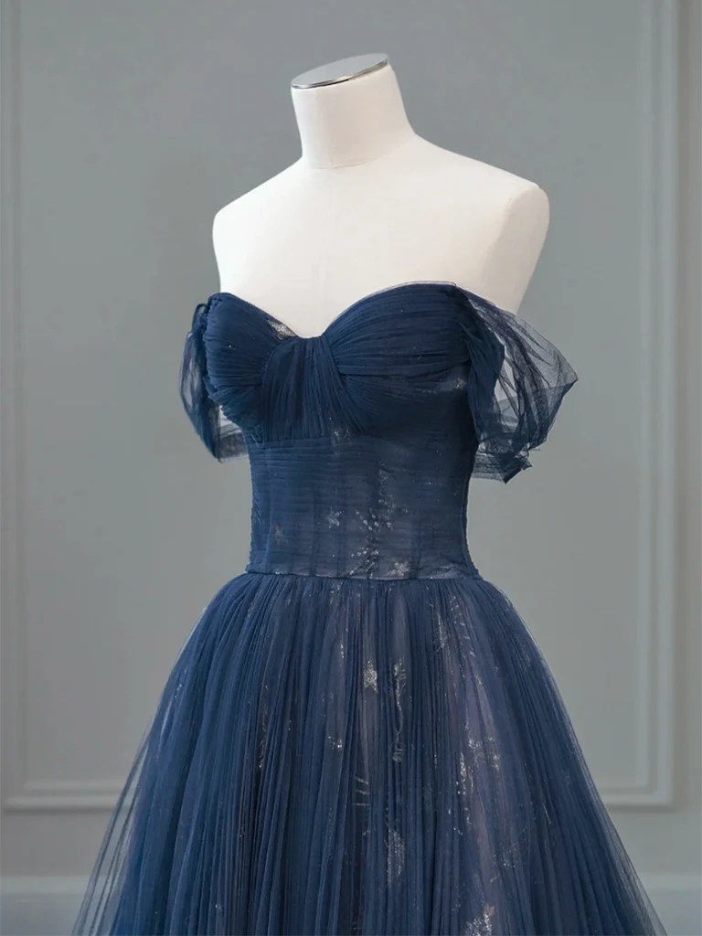 A-Line Off Shoulder Tulle Lace Dark Blue Long Prom Dress, Dark Blue Long Evening Dress - Deanwangkt