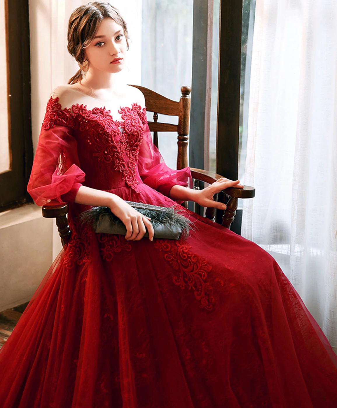 Burgundy Round Neck Tulle Beads Long Prom Dress Burgundy Evening Dress - Deanwangkt