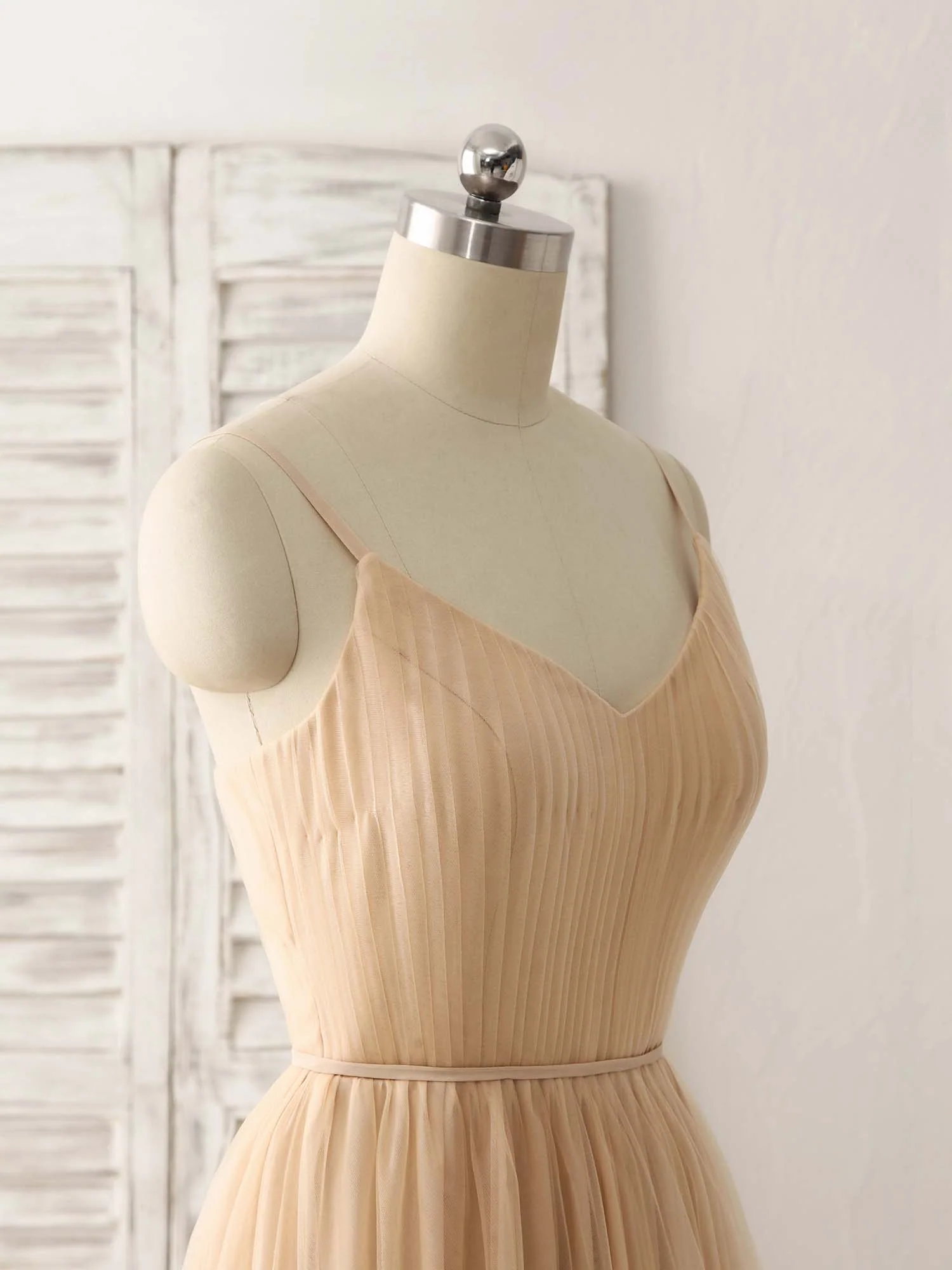 Simple V Neck Tulle Chiffon Long Prom Dress Champagne Bridesmaid Dress - Deanwangkt