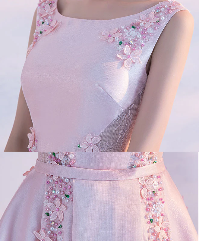 Pink Satin Lace Tea Length Prom Dress, Pink Evening Dress - Deanwangkt