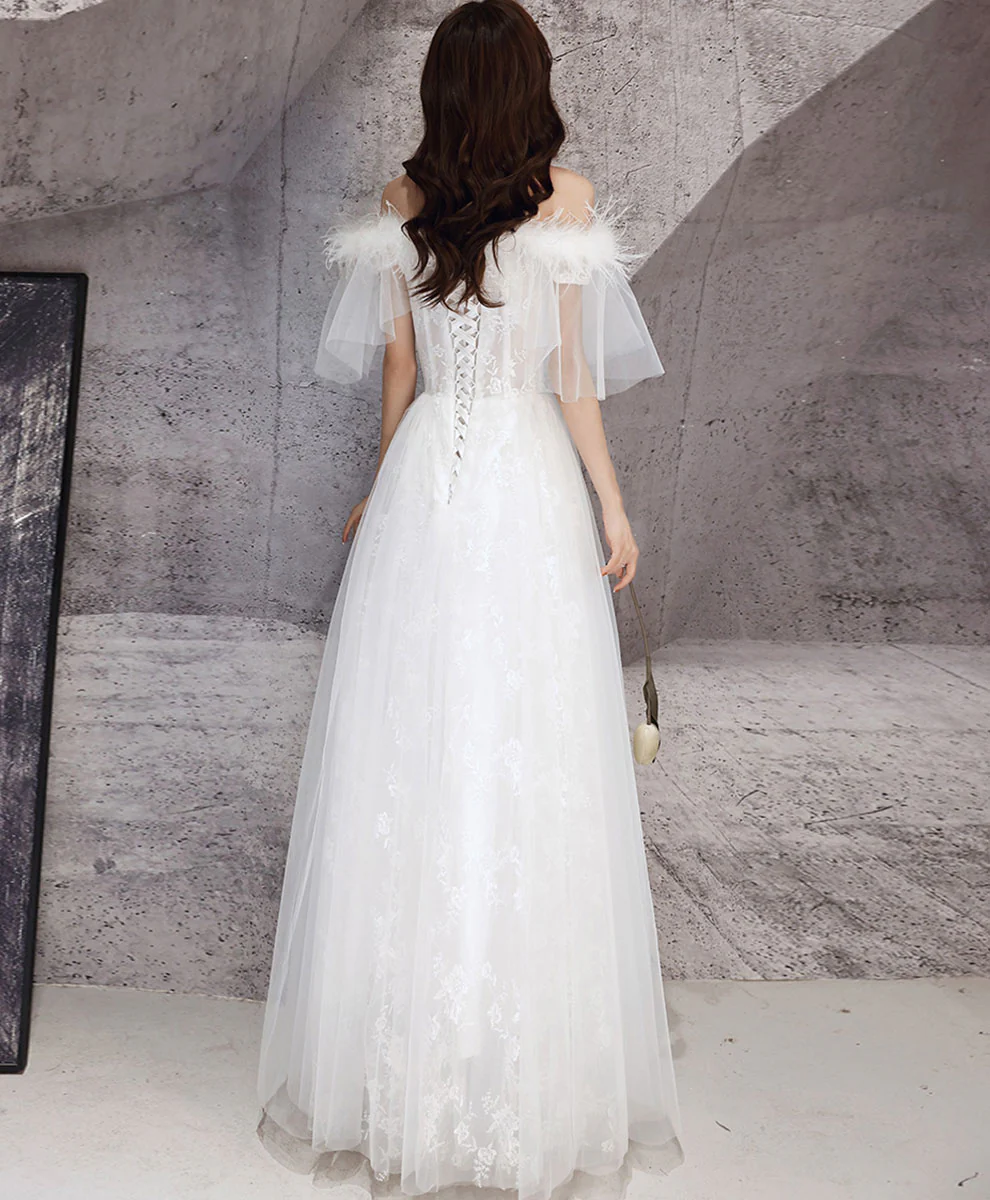 White Sweetheart Tulle Long Prom Dress, White Lace Long Graduation Dress - Deanwangkt
