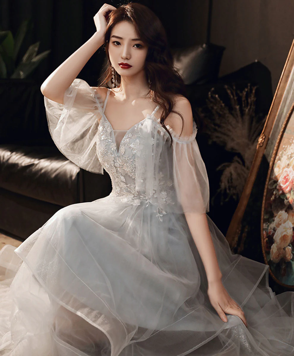 Gray Sweetheart Tulle Lace Short Prom Dress Gray Homecoming Dress - Deanwangkt