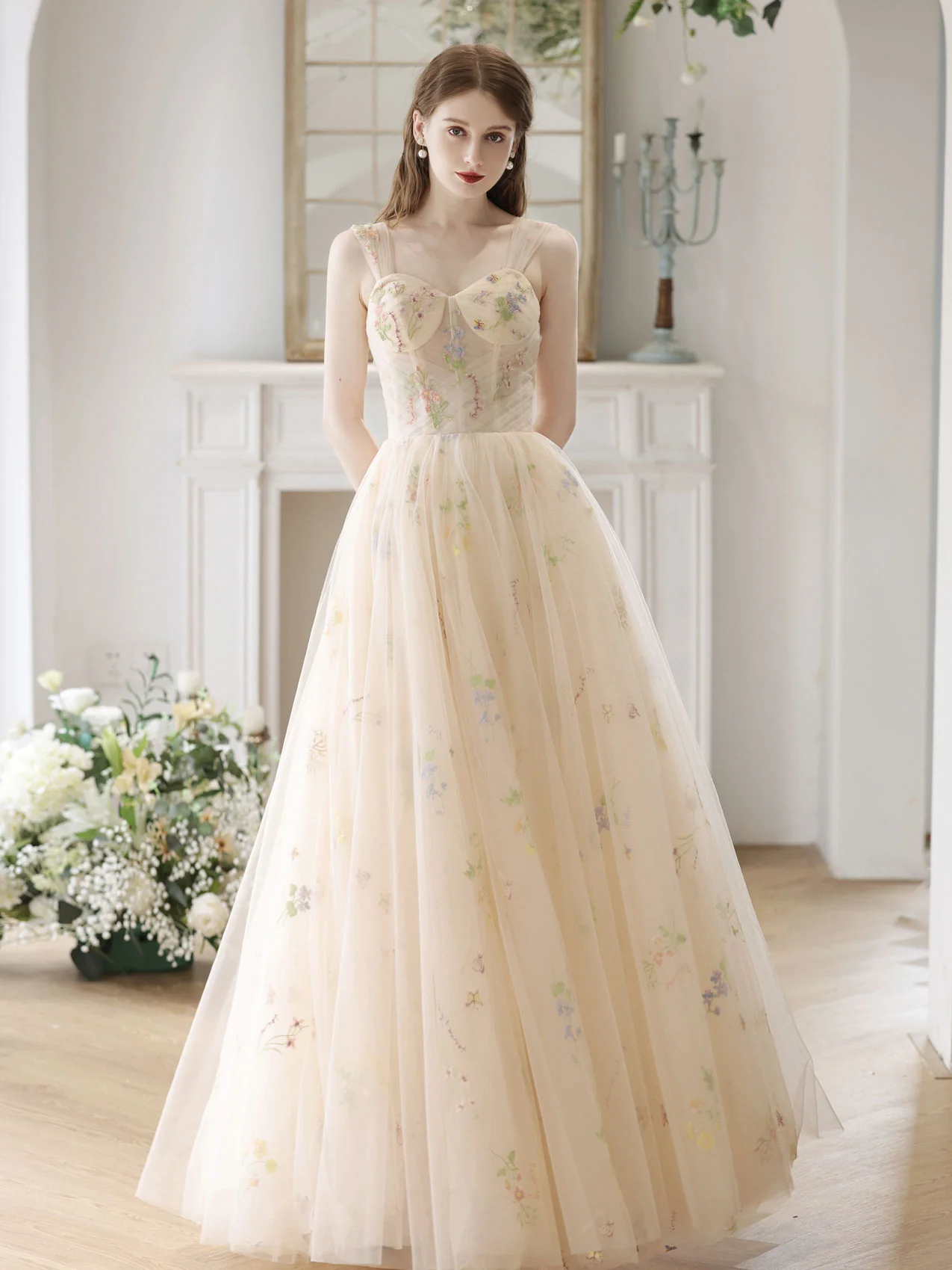 A-Line Sweetheart Neck Tulle Lace Champagne Long Prom Dress, Lace Formal Dress - Deanwangkt