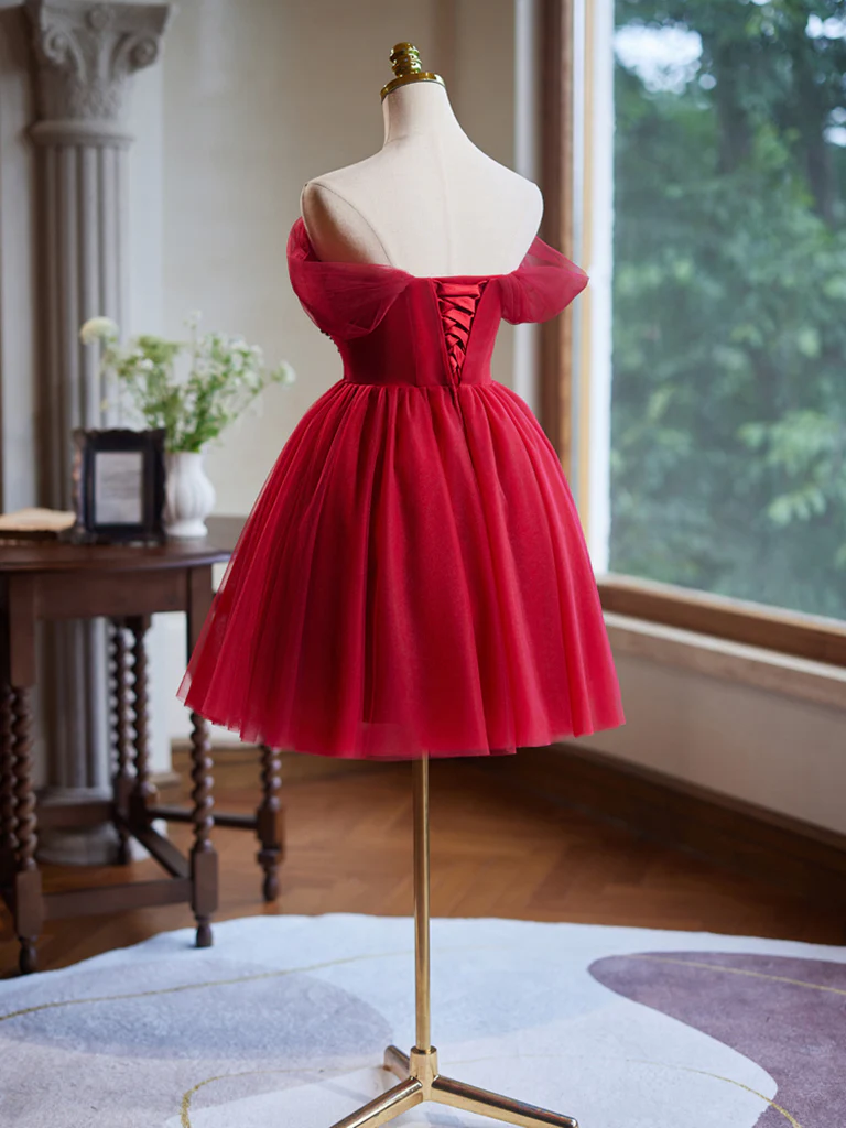 A-Line Off Shoulder V Neck Tulle Burgundy Short Prom Dress with Beads - Deanwangkt