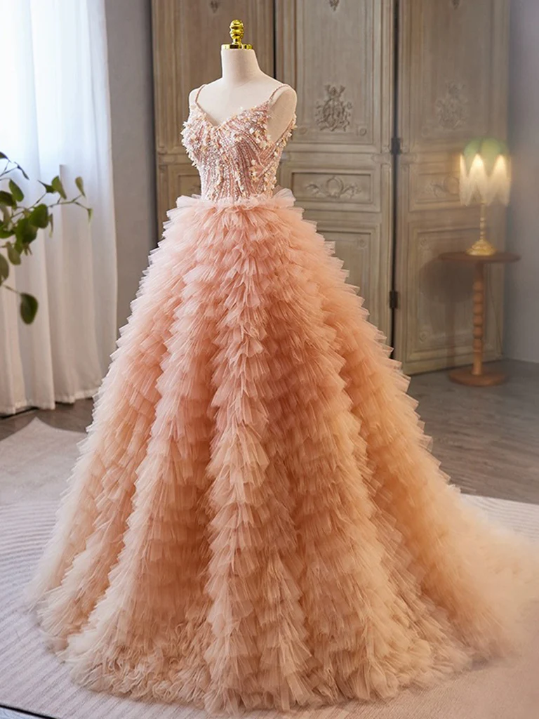 Unique V Neck Tulle Sequin Orange Pink Long Prom Dress, Orange Pink Sweet 16 Dress - Deanwangkt