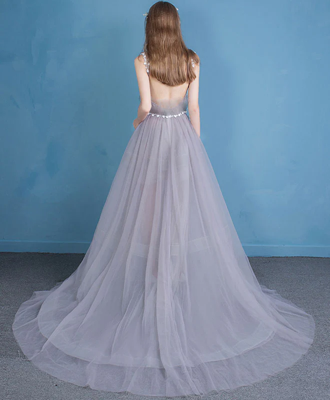 Unique V Neck Tulle Long Prom Dress, Tulle Long Evening Dresses - Deanwangkt
