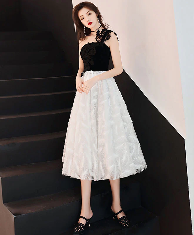 White One Shoulder Tulle Short Prom Dress, White/Black Homecoming Dress - Deanwangkt
