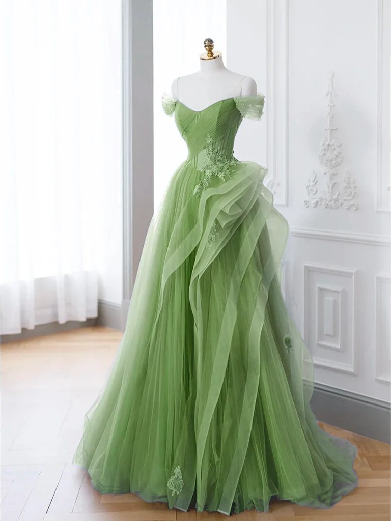 Green A-Line Off Shoulder Long Prom Dress, Green Lace Long Evening Dress - Deanwangkt