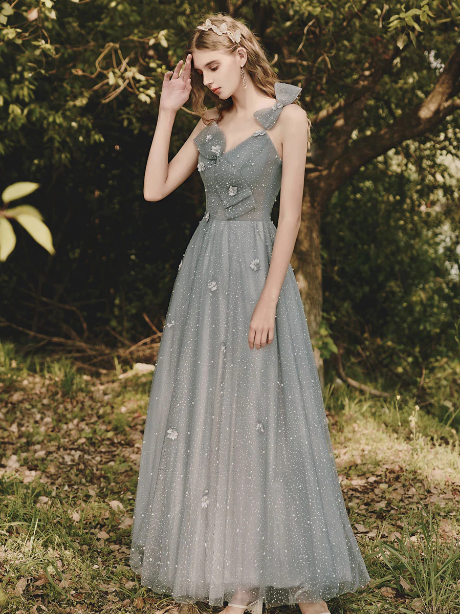 Gray Tulle Sequin Tea Length Prom Dress, Gray Evening Dress - Deanwangkt