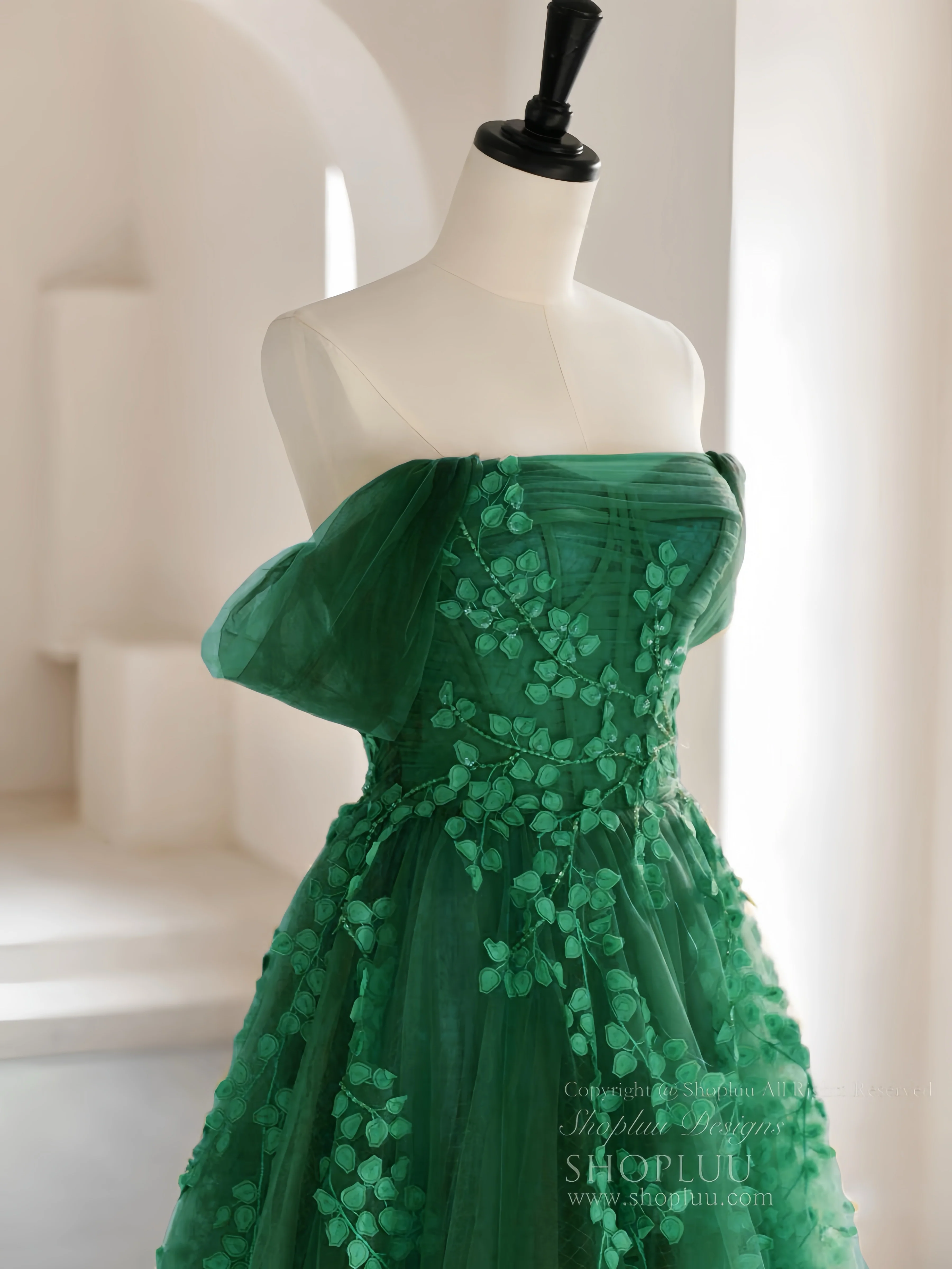 A-line Off Shoulder Emerald Green Tulle Long Prom Dress, Emerald Green Long Formal Dress - Deanwangkt