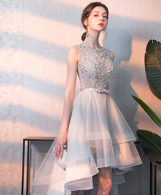 Gray Tulle Sequin Tulle Short Prom Dress, Gray Tulle Evening Dress - Deanwangkt