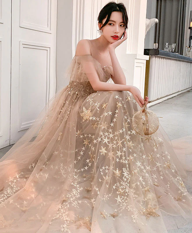 Champagne Round Neck Tulle Lace Long Prom Dress Tulle Evening Dress - Deanwangkt