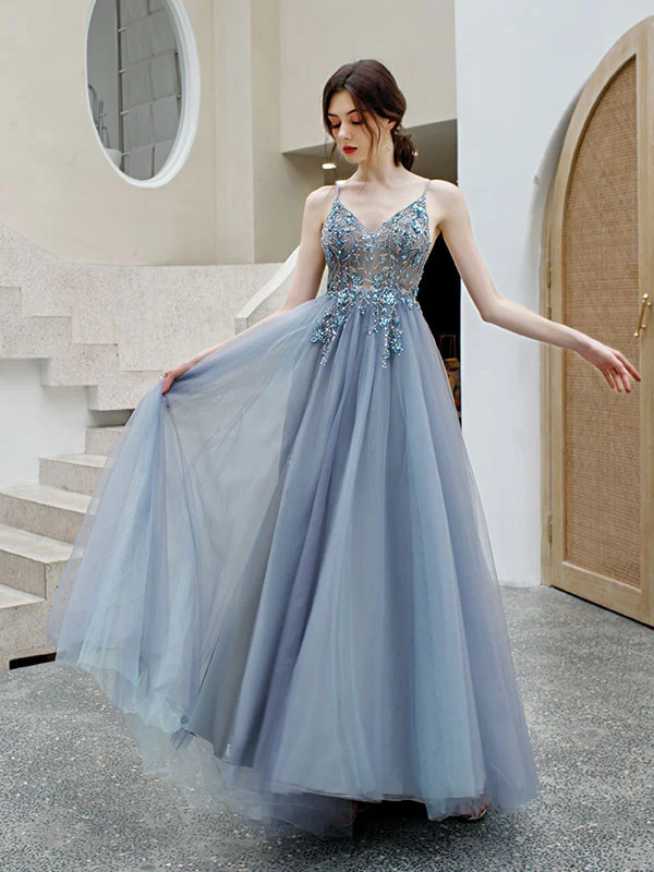 Gray blue v neck tulle beads long prom dress, gray tulle formal dress - Deanwangkt
