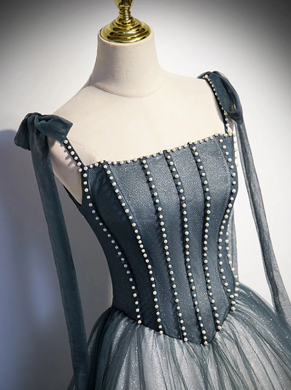 A Line Gray Long Prom Dresses, Tulle Gray Formal Graduation Dress with Beading - Deanwangkt