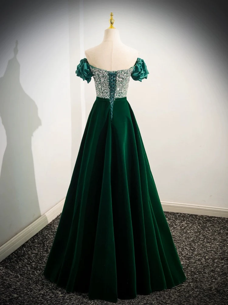 A-Line Velvet Sequin Beads Green Long Prom Dress, Velvet Green Long Formal Dress - Deanwangkt