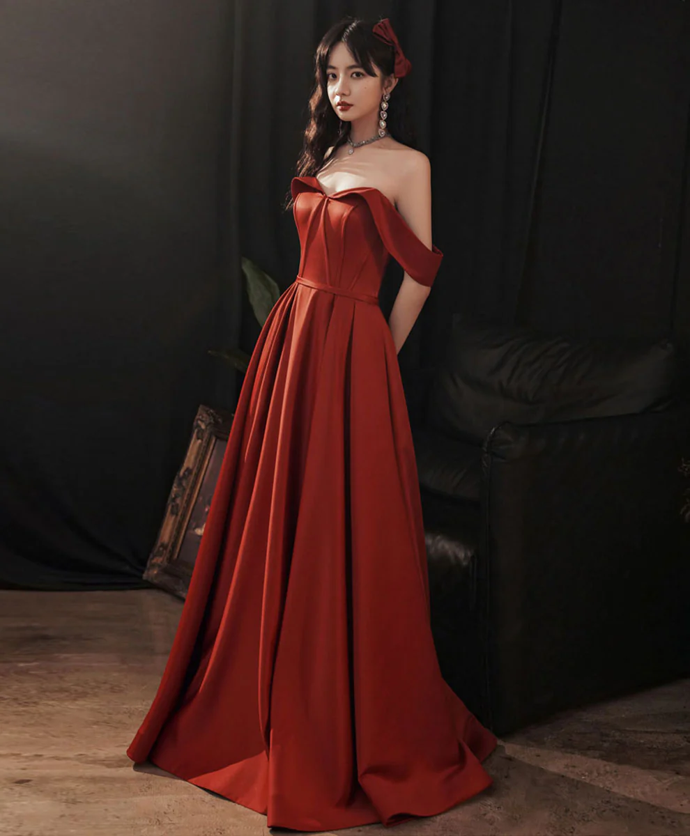 Simple Red Satin Long Prom Dress, Burgundy Formal Graduation Dresses - Deanwangkt
