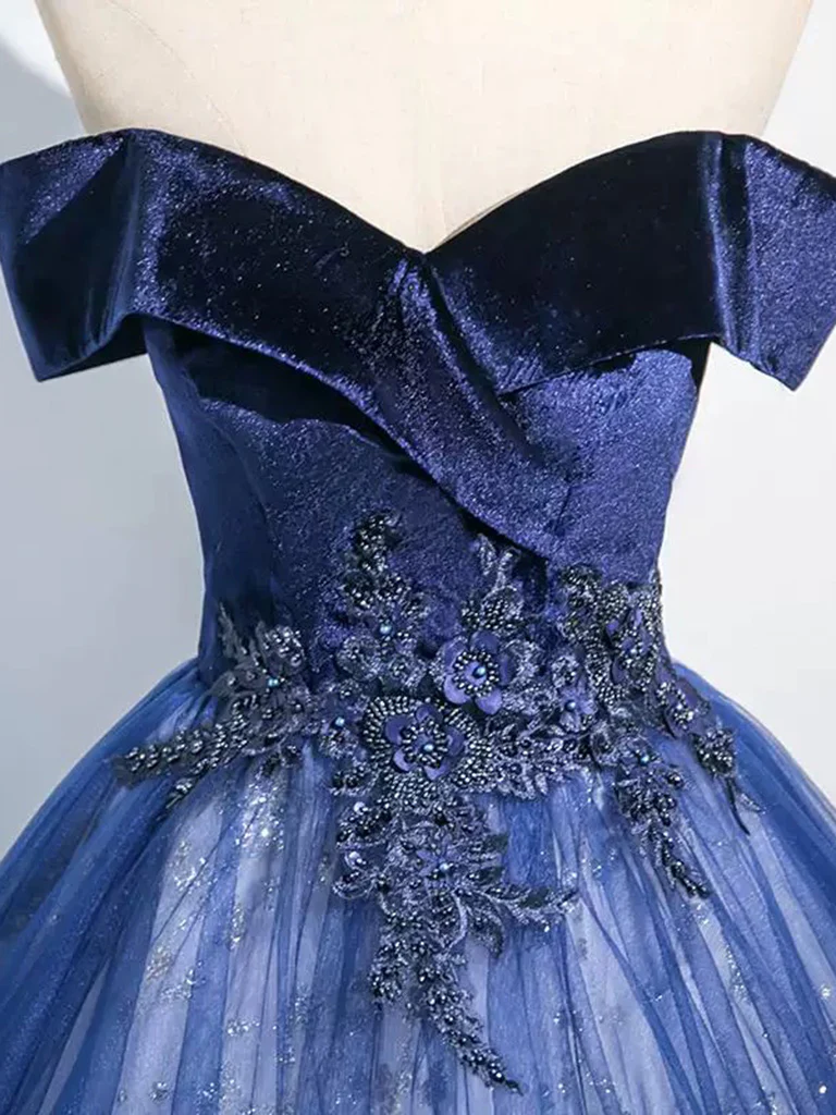 A-Line Off Shoulder Tulle Lace Blue Long Prom Dress, Blue Long Formal Dress - Deanwangkt