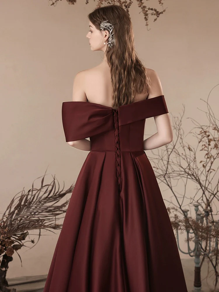 A-Line off Shoulder Satin Dark Burgundy Long Prom Dress, Satin Long Formal Dress - Deanwangkt