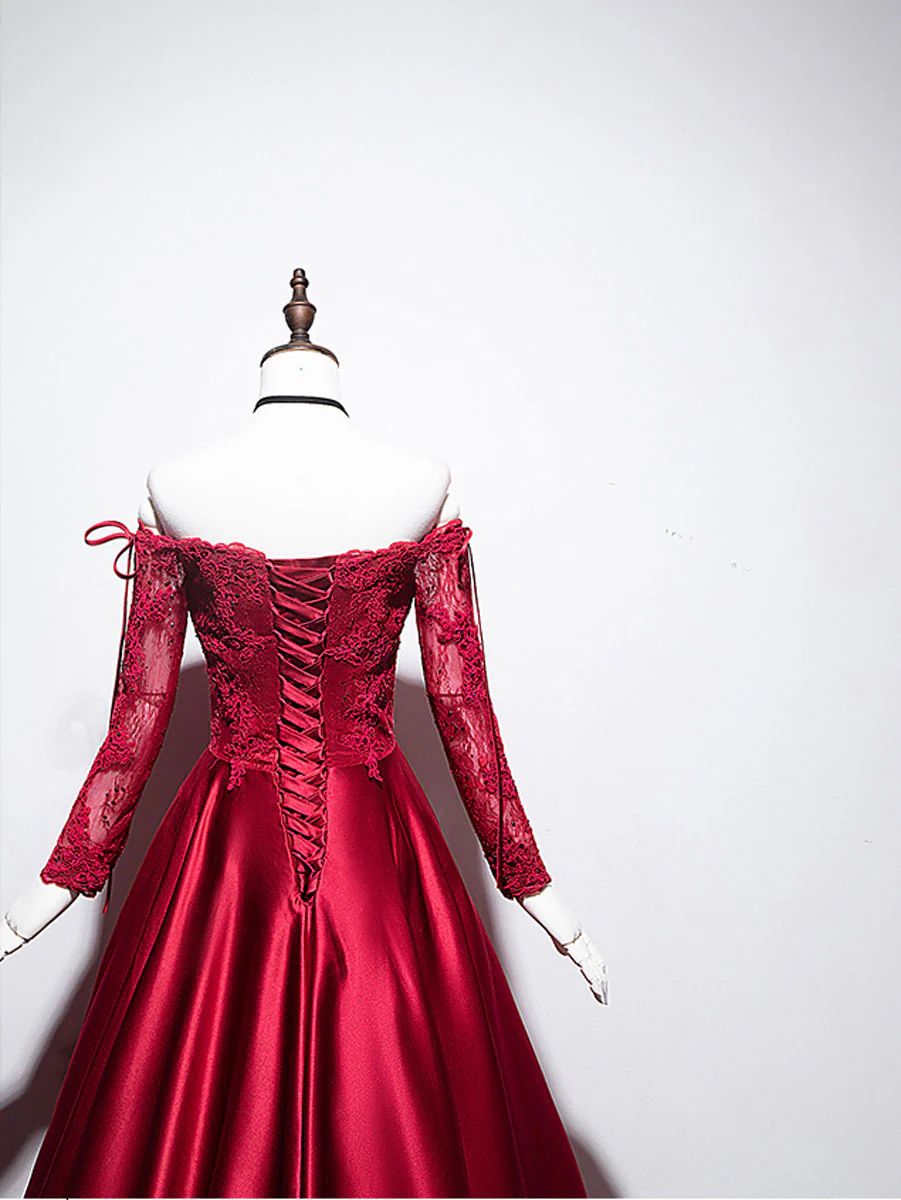 Burgundy Sweetheart Lace Satin Long Prom Dress Burgundy Evening Dress - Deanwangkt