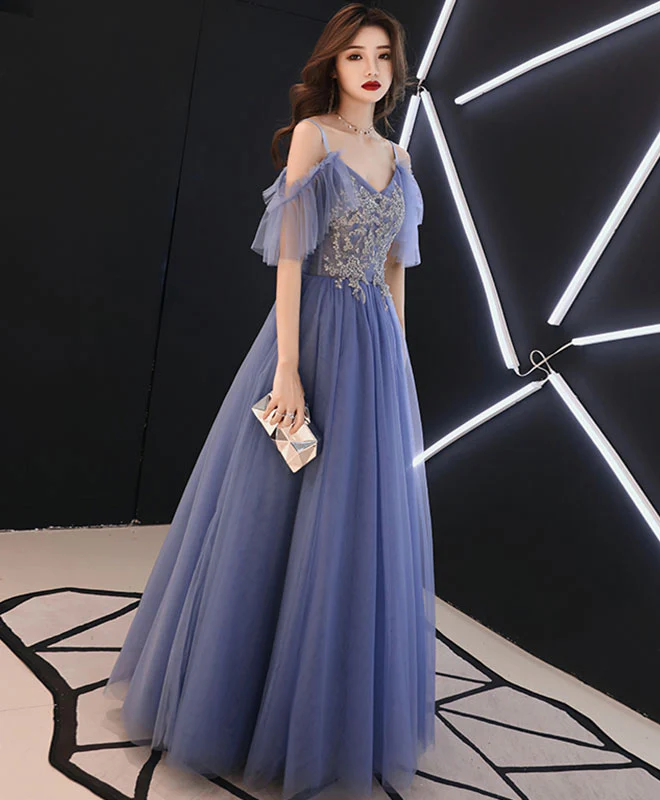 Blue V Neck Tulle Lace Long Prom Dress, Blue Tulle Evening Dress - Deanwangkt