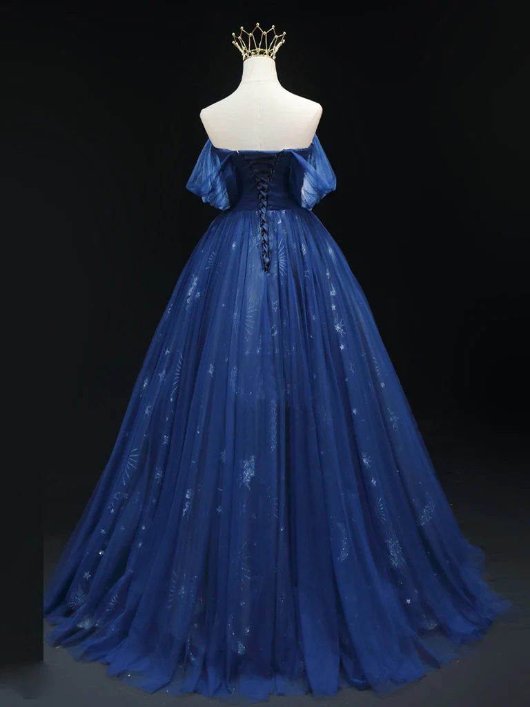 A-Line Off Shoulder Sweetheart Neck Dark Blue Long Prom Dress, Blue Formal Dress - Deanwangkt