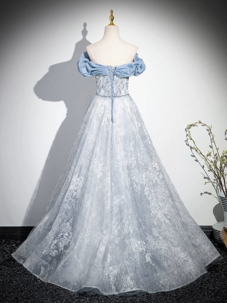 A-Line Off Shoulder Tulle Lace Beads Blue Long Prom Dress, Blue Long Formal Dress - Deanwangkt