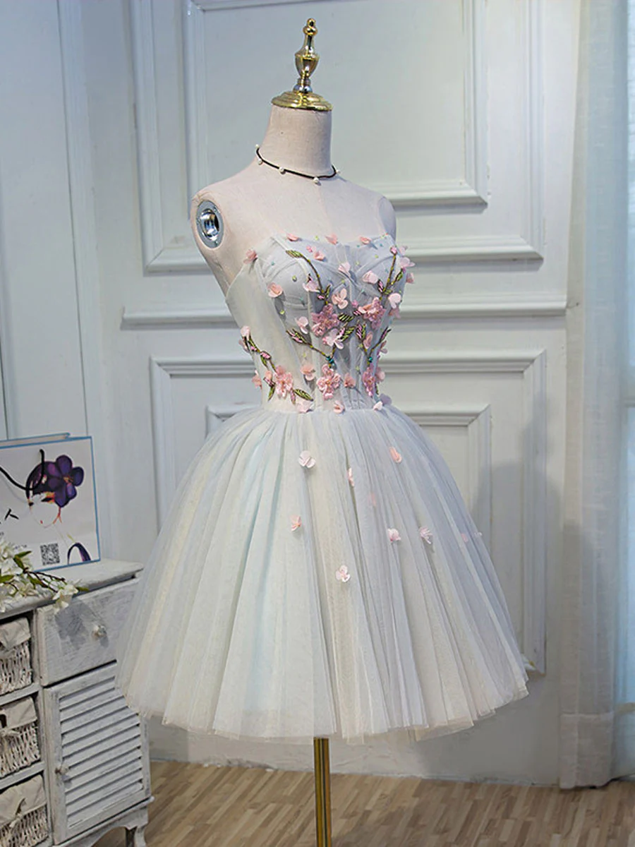 Cute Tulle Short Lace Applique Short Prom Dress, Tulle Puffy Homecoming Dress - Deanwangkt