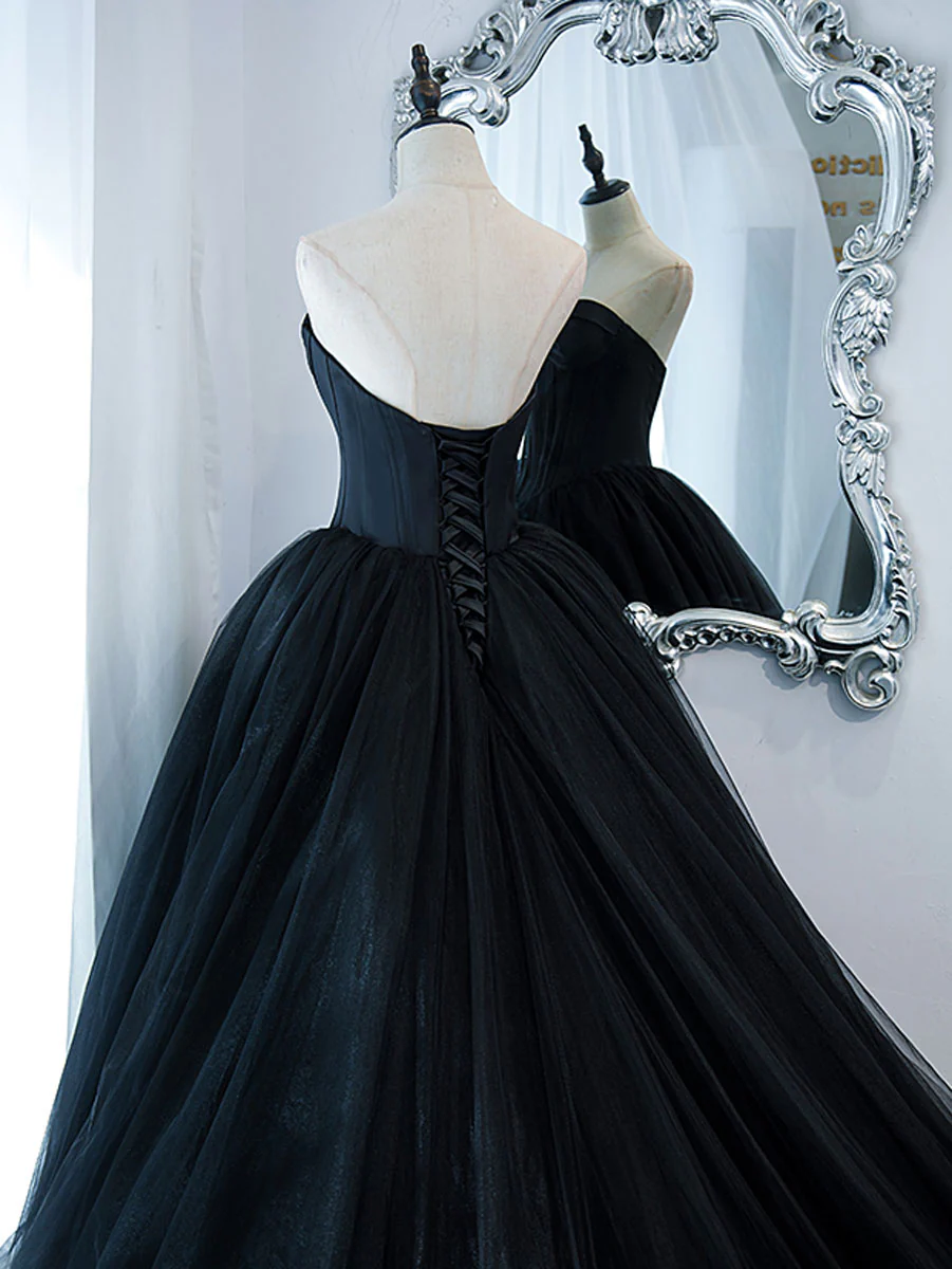 Simple Black Sweetheart Neck Tulle Long Prom Dress, Black Evening Dresses - Deanwangkt