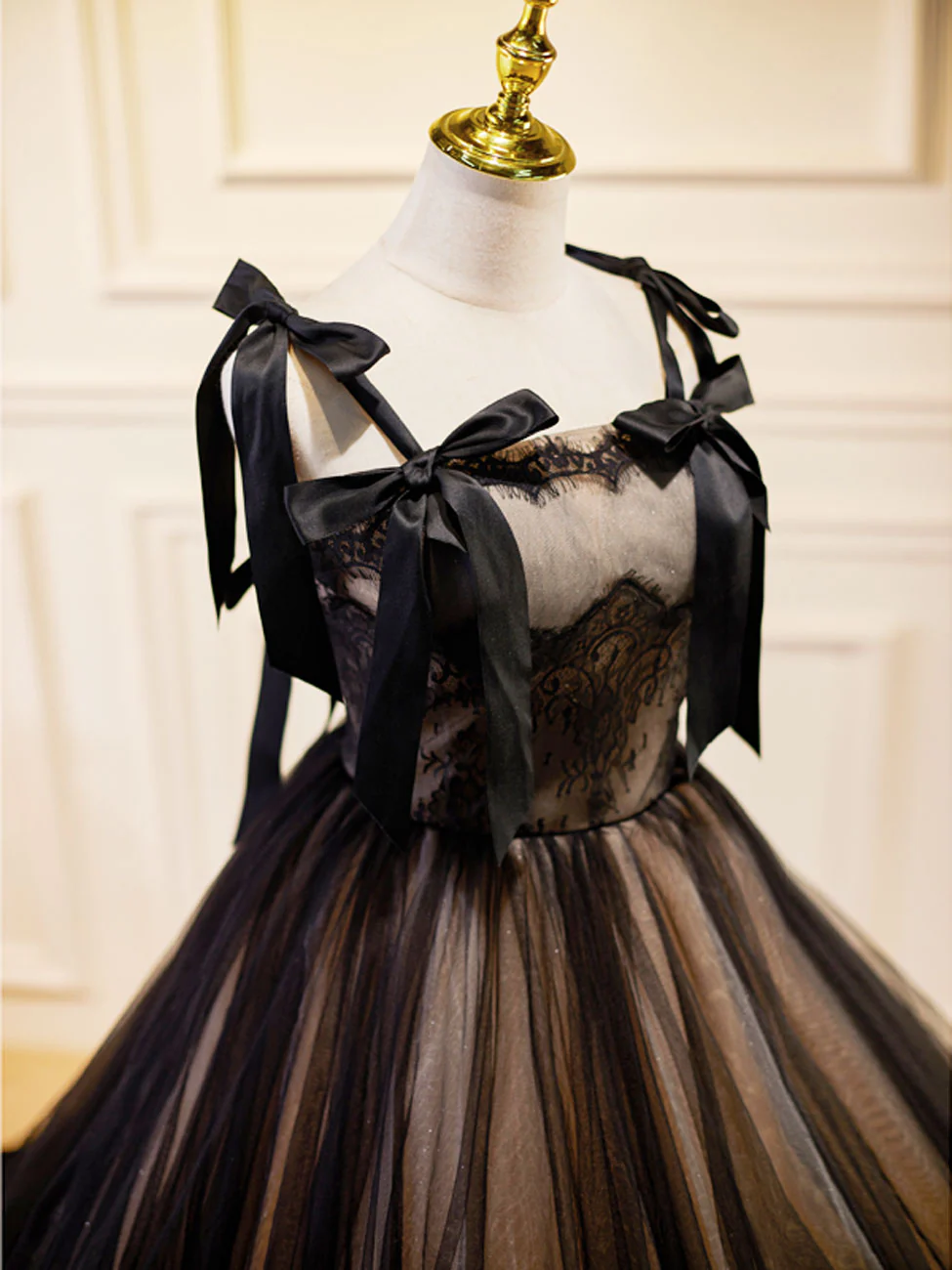 A-Line Tulle Lace Black Long Prom Dress, Black Formal Evening Dresses - Deanwangkt