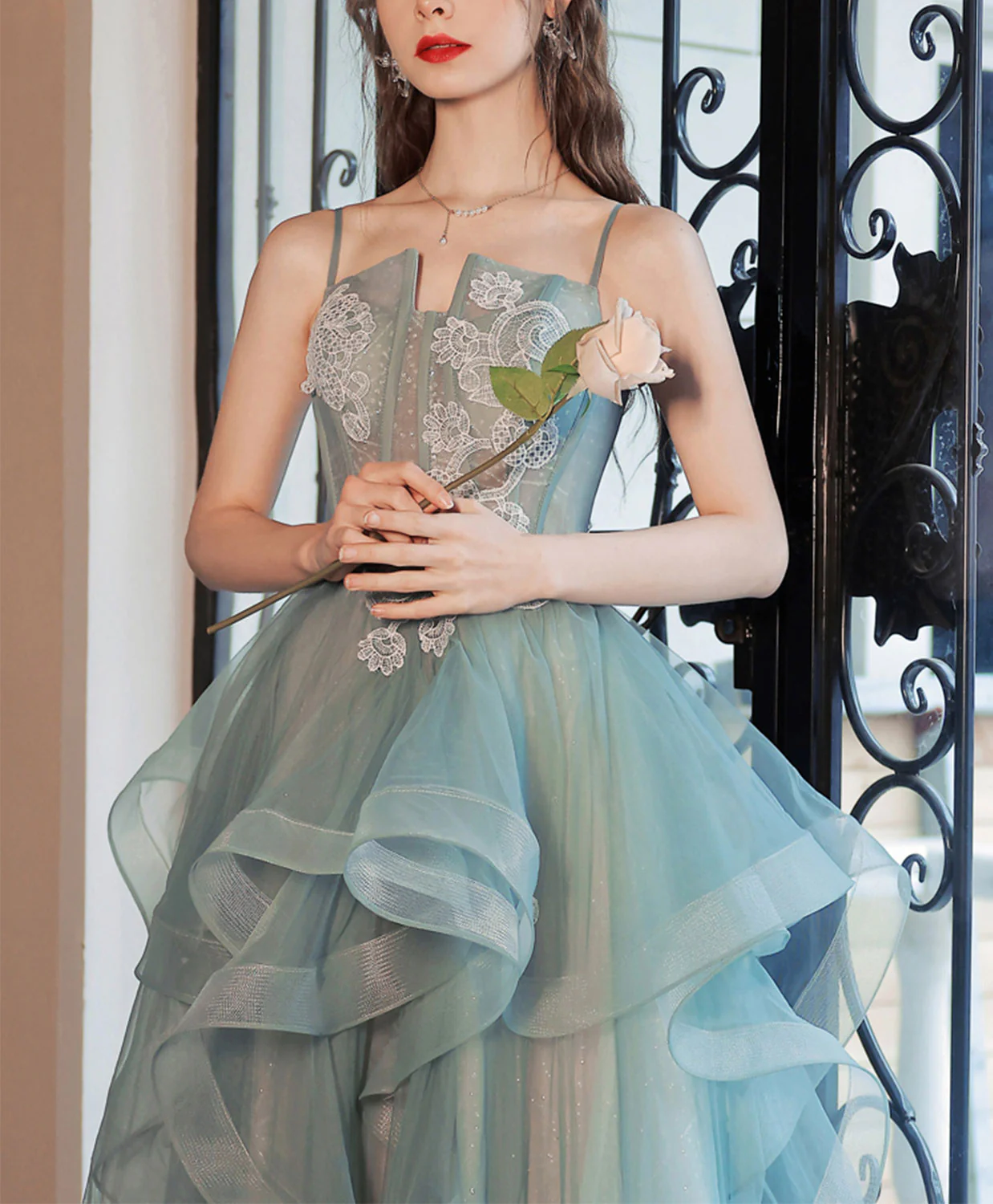 Gray Green Tulle Lace Long Prom Dress, Gray Green Tulle Lace Evening Dress - Deanwangkt