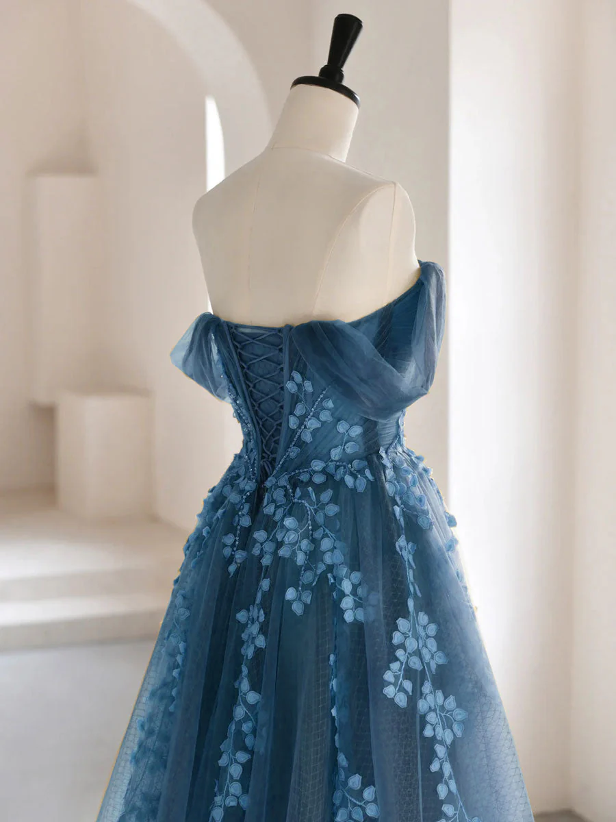A-line Off Shoulder Gray Blue Tulle Long Prom Dress, Gray Blue Long Formal Dress - Deanwangkt