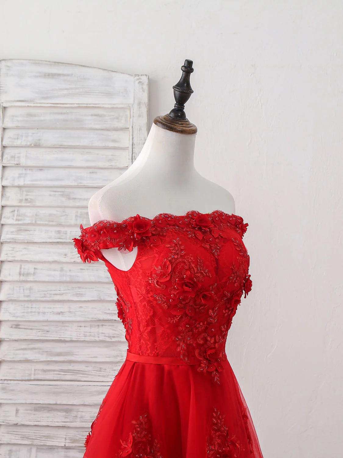 Red Tulle Lace Off Shoulder Short Prom Dress, Red Homecoming Dress - Deanwangkt