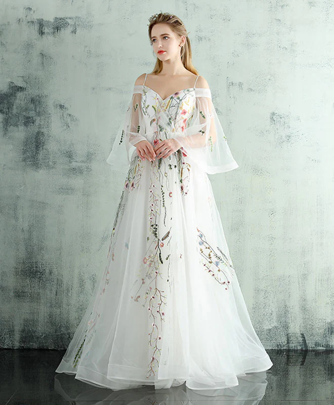 White V Neck Tulle Lace Long Prom Dress, Evening Dress - Deanwangkt