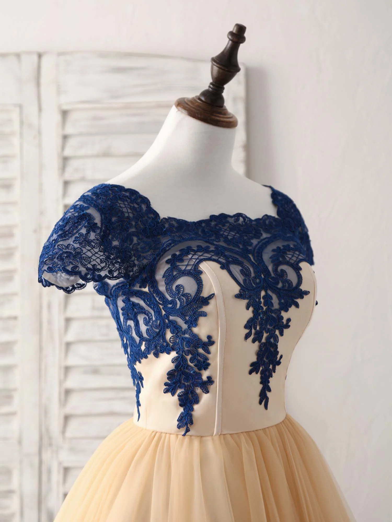 Champagne Tulle Lace Applique Short Prom Dress, Bridesmaid Dress - Deanwangkt