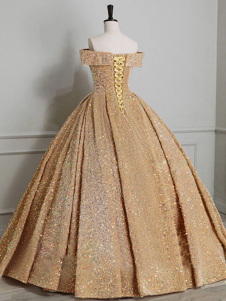 Champagne Off Shoulder Sequin Long Prom Dress, Champagne Formal Dress - Deanwangkt