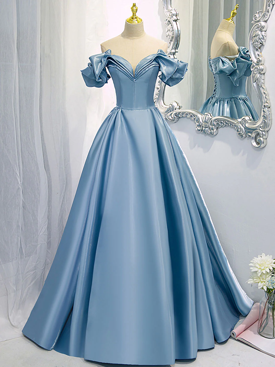 A-Line V Neck Satin Blue Long Prom Dress, Blue Formal Evening Dresses - Deanwangkt
