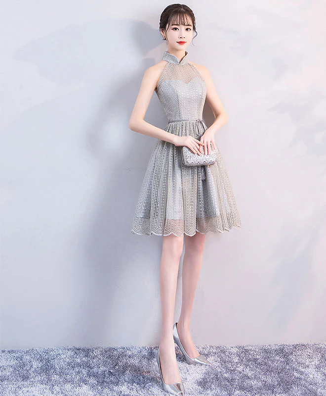 Gray High Neck Short Prom Dress, Gray Homecoming Dress - Deanwangkt