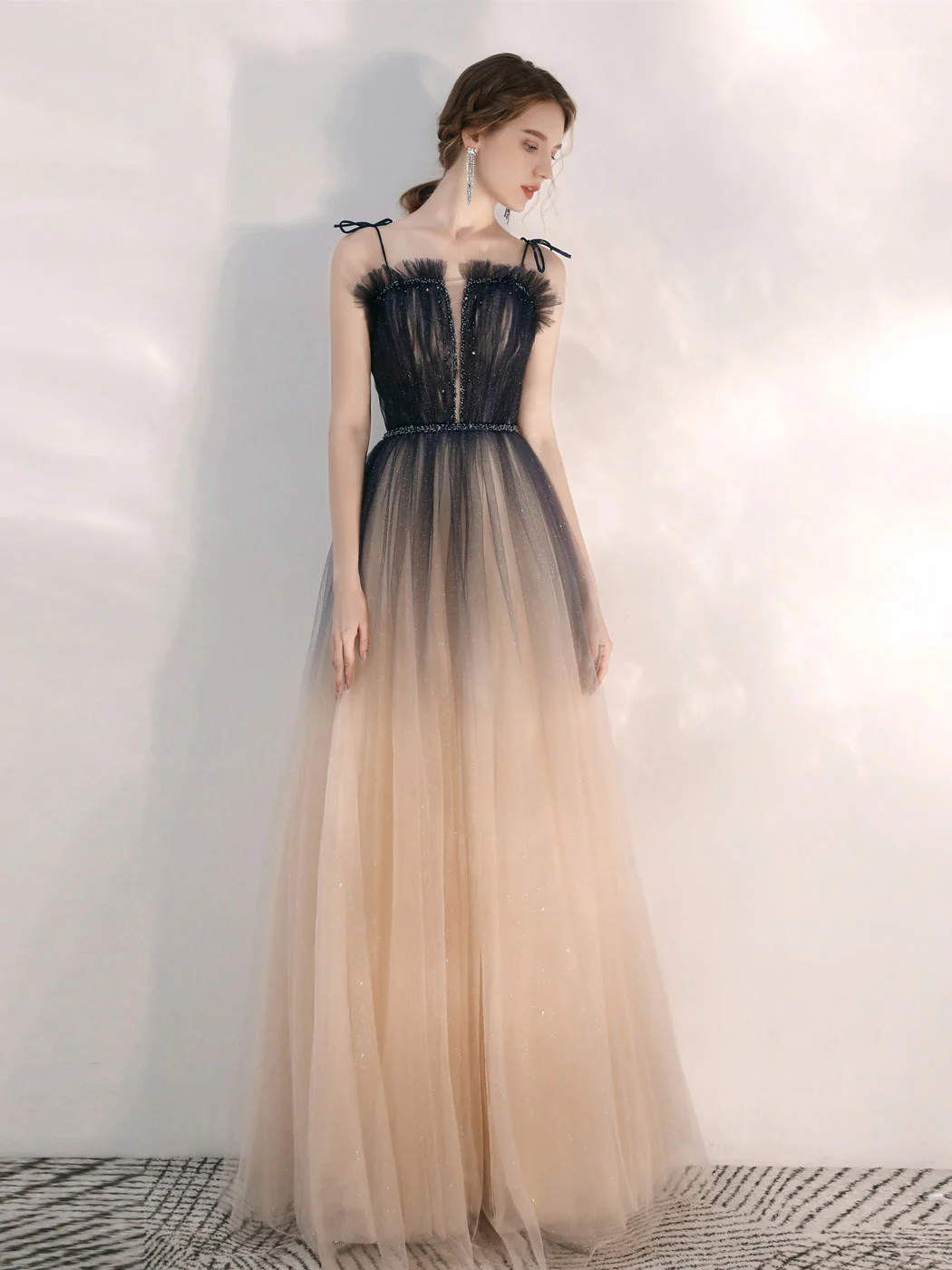 Champagne A line Tulle Sequin Long Prom Dress, Champagne Evening Dress - Deanwangkt