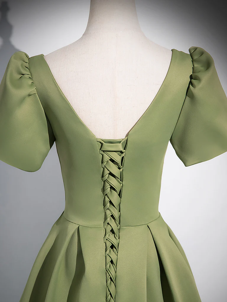 A-Line Short Sleeve Satin Green Long Prom Dress, Green Long Formal Dress - Deanwangkt