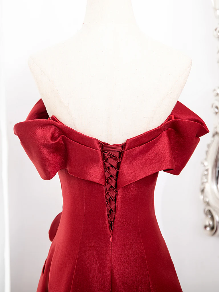A-Line Off Shoulder Satin Burgundy Long Prom Dress, Burgundy Long Formal Dress - Deanwangkt