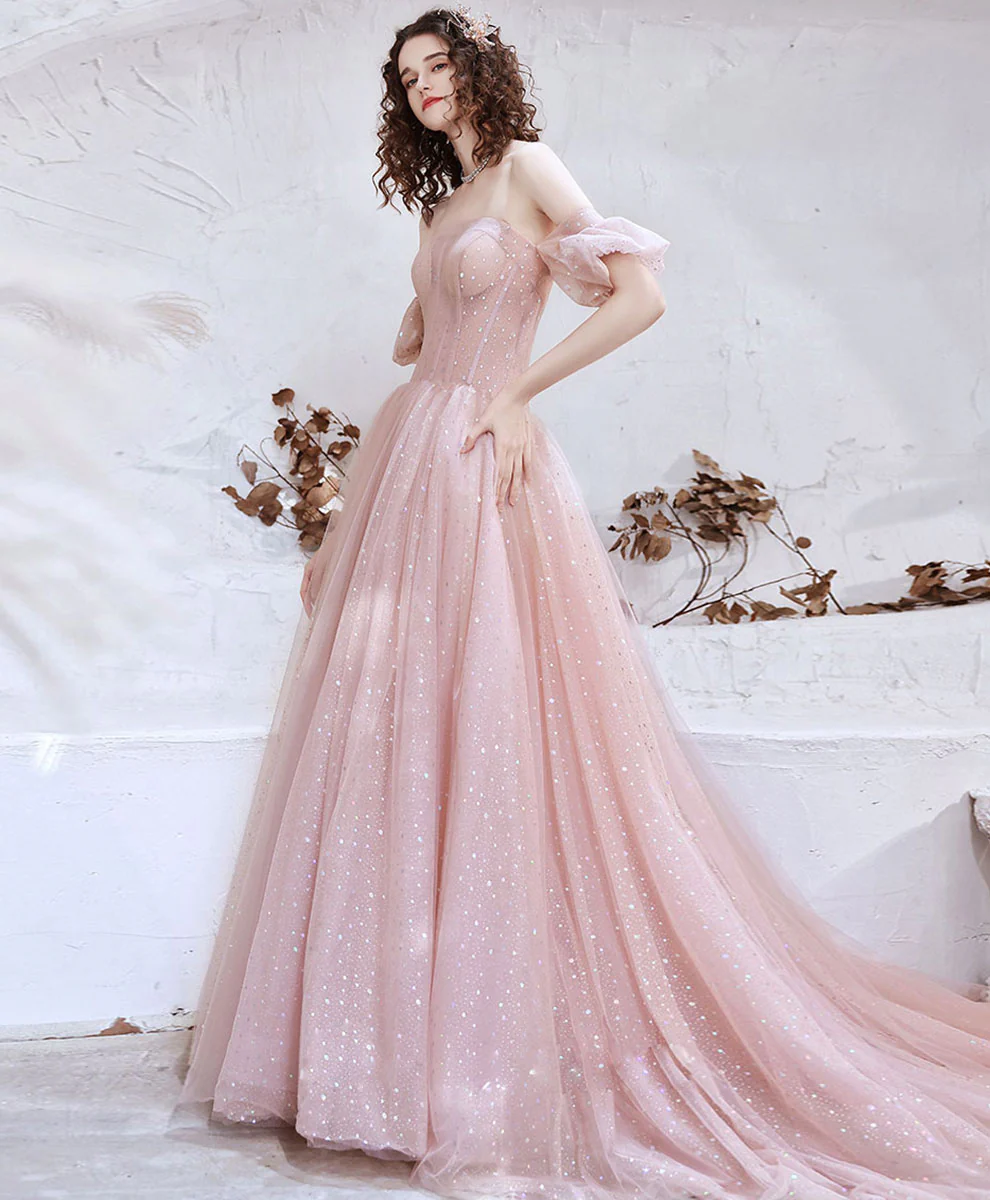 Pink Aline Tulle Long Prom Dress, Pink Formal Evening Party Dress - Deanwangkt