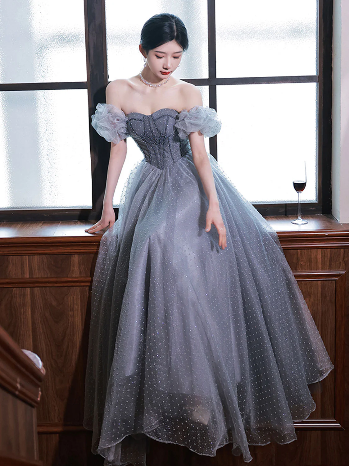 Gray Aline Tulle Gray Long Prom Dresses, Aline Gray Tulle Formal Evening Dresses - Deanwangkt