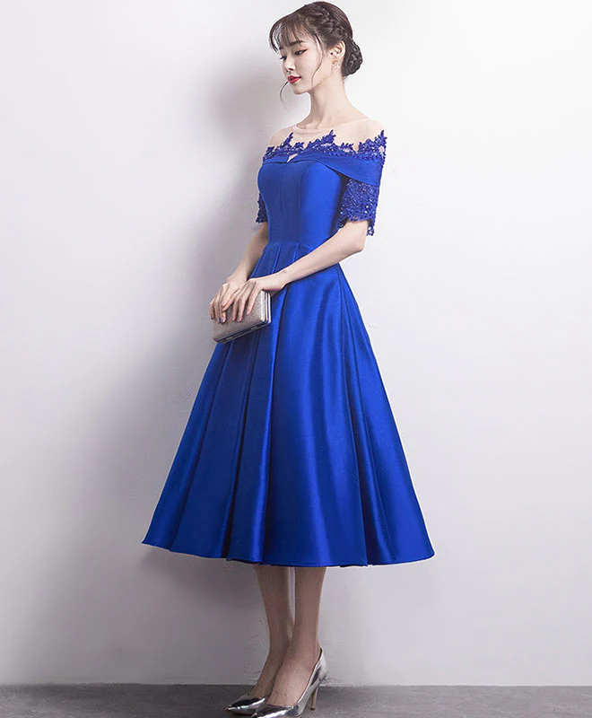 Blue Round Neck Satin Lace Prom Dress, Blue Bridesmaid Dress - Deanwangkt