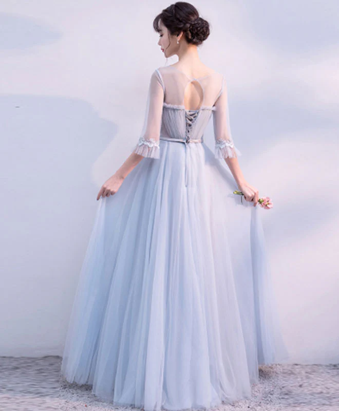 Gray V Neck Tulle Long Prom Dress, Gray Tulle Evening Dress - Deanwangkt