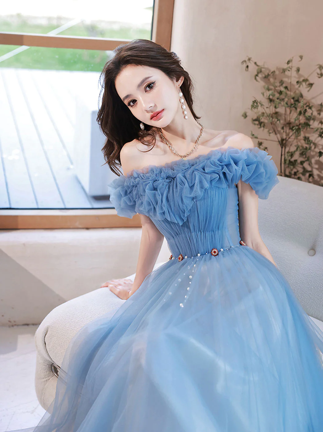 A-Line Off Shoulder Tulle Blue Long Prom Dress, Blue Formal Dresses - Deanwangkt