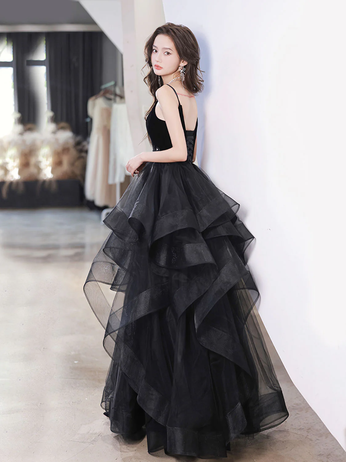 Black V Neck Tulle Long Prom Dresses, Black Formal Evening Dress - Deanwangkt