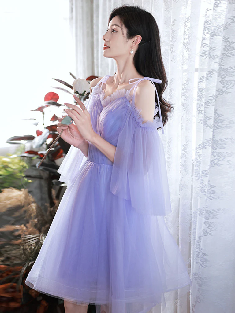 A-Line Purple V Neck Tulle Short Prom Dress, Purple Homecoming Dress - Deanwangkt