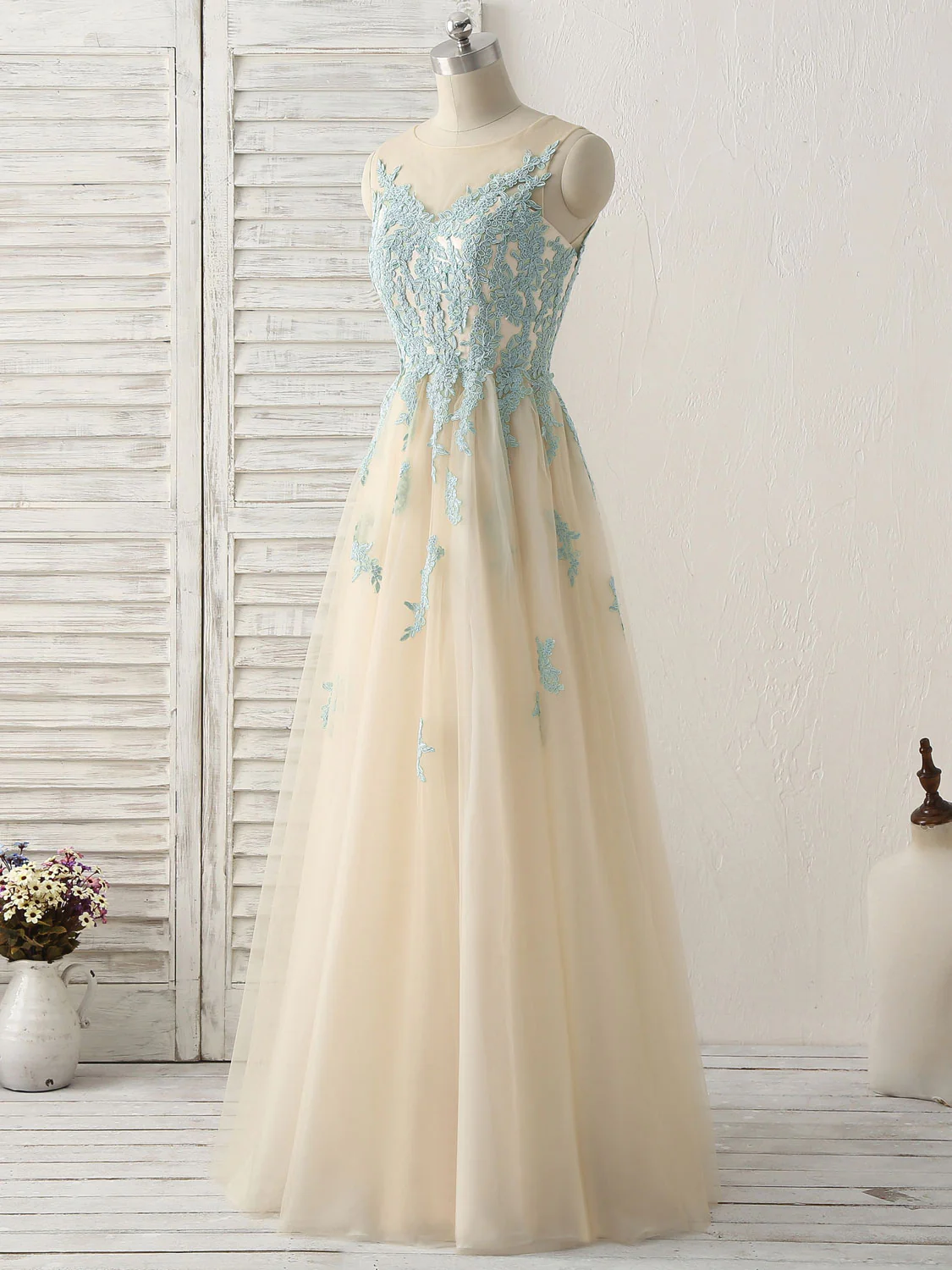 Cute Champagne Lace Long Prom Dress, A Line Tulle Bridesmaid Dress - Deanwangkt